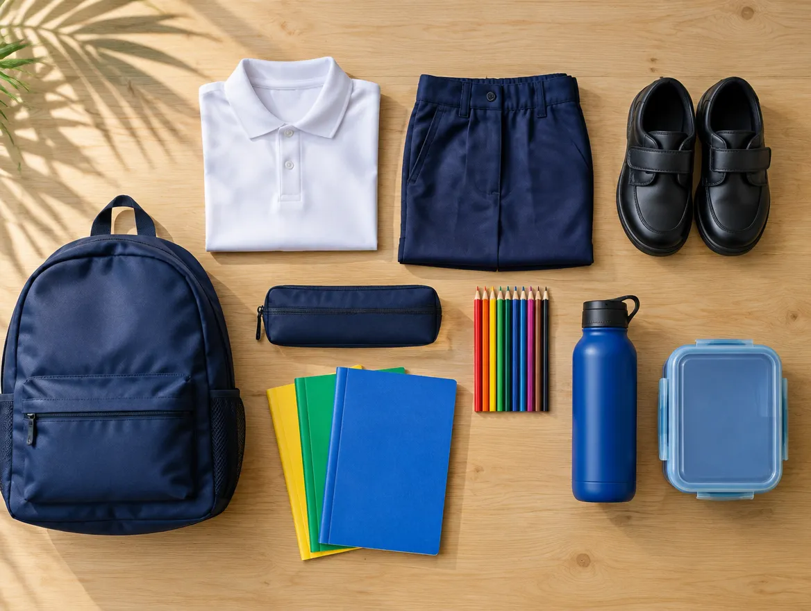 Back-to-school flat lay: white polo shirt, navy shorts, black school shoes, backpack, pencil case, coloured pencils, exercise books, water bottle and lunchbox